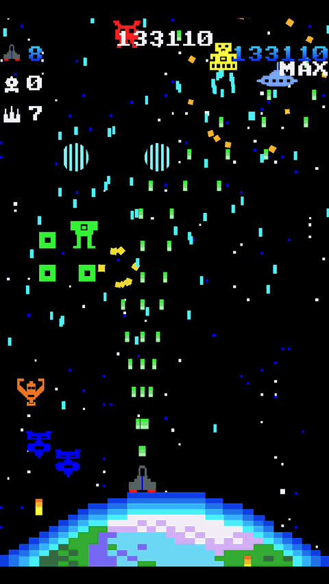 Astro Hammer gameplay: the player ship above the Earth firing up at a formation of colourful alien invaders, score 183,110