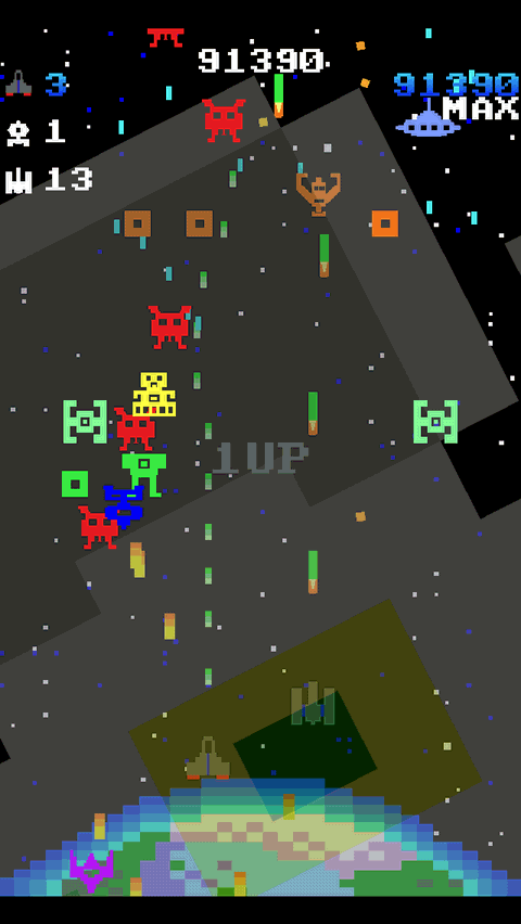 Astro Hammer gameplay: a 1UP bonus banner sweeps across the screen as the player fights on, score 91,390