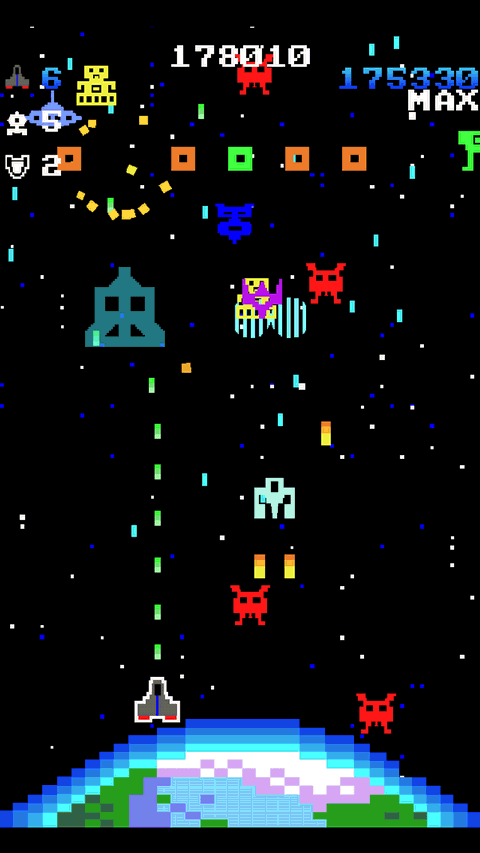 Astro Hammer gameplay: a large teal enemy craft leads the alien wave, score 178,010